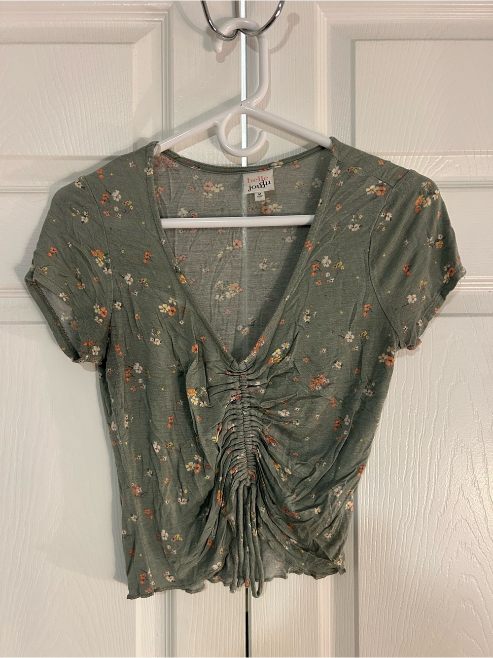 Belle Du Jour Olive Floral Ruched V-Neck Crop Top